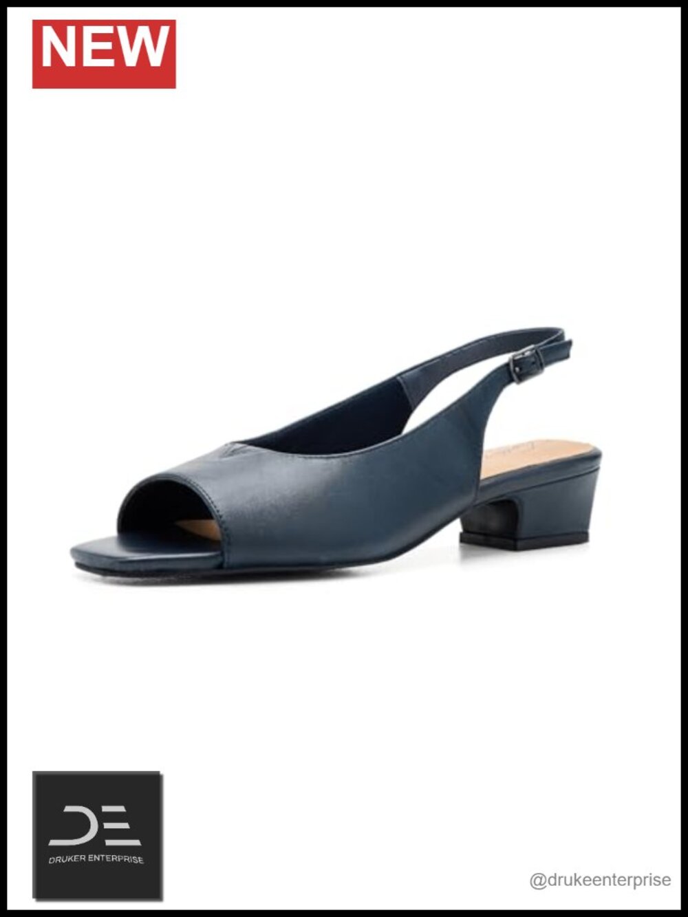 Leather Peep Toe Slingback Sandals Adjustable Buckle Block Heel